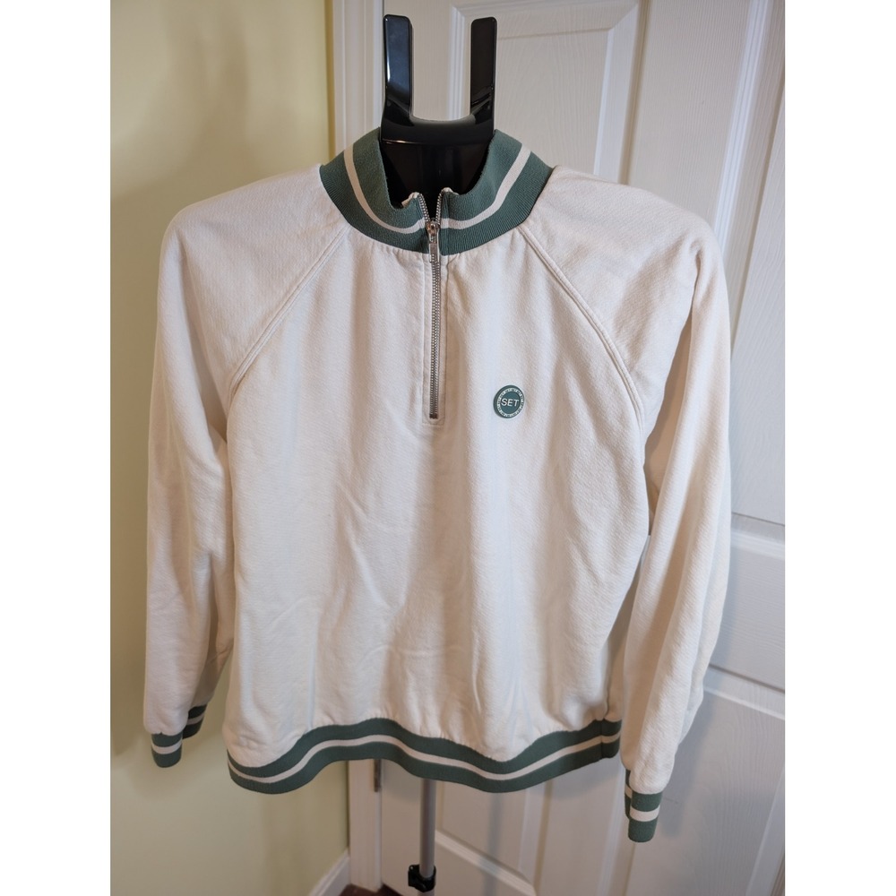 SET Active Quarter Zip Sweatshirt Womens L Cream Green Striped Varsity Pullover